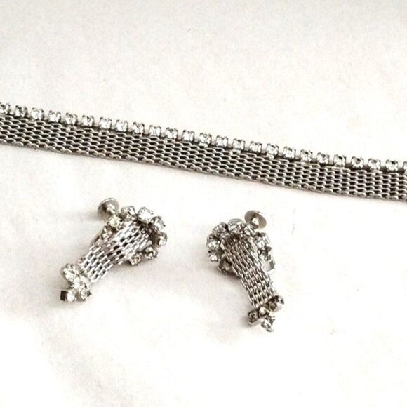 1950s Vintage Rhinestone and Mesh Bracelet and Earring Set, Silver Tone Metal - Picture 1 of 7